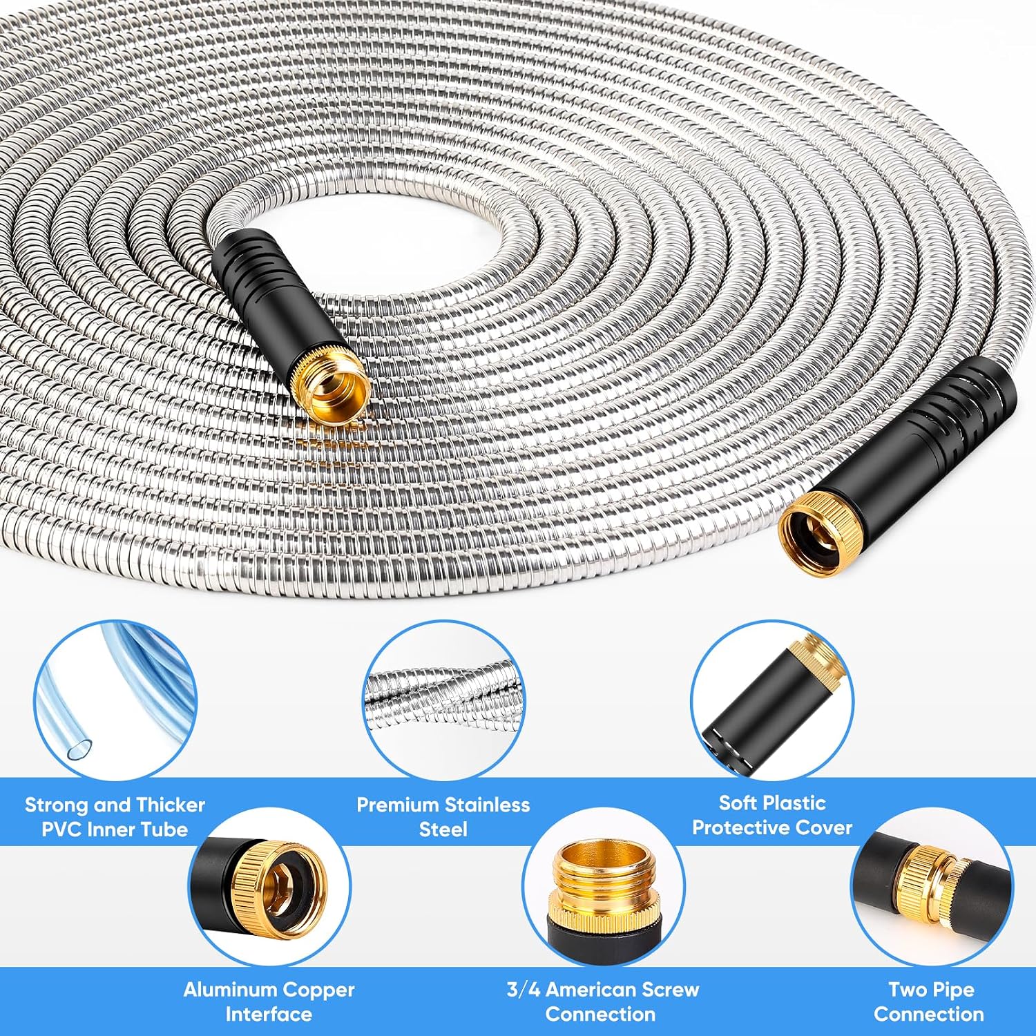 Garden Hose 50 FT, Metal Stainless Steel Water Hose with 10 Function Nozzle | No Kinks, Flexible Hose, Lightweight