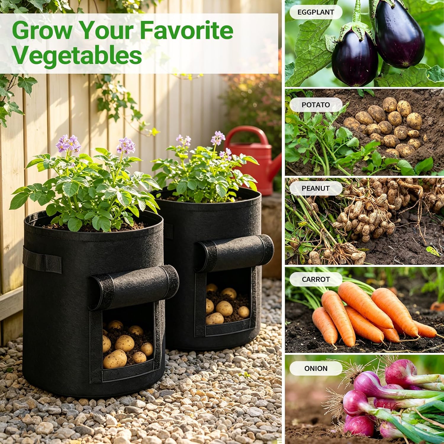 6 Pack Potato Grow Bags (15/10/5 Gallon, 2 of Each) with Harvest Window, Garden Planting Bag with Reinforced Handles