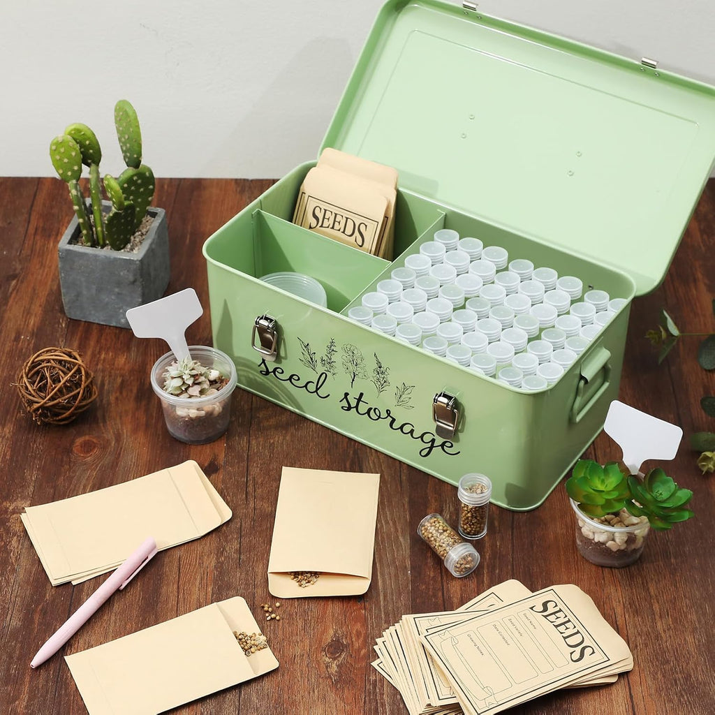 TINSKY Seed Storage Organizer Metal Seed Box with Lid and Locks Seed Saving Bank with 60 Seed Bottles, 30 Plant Labels