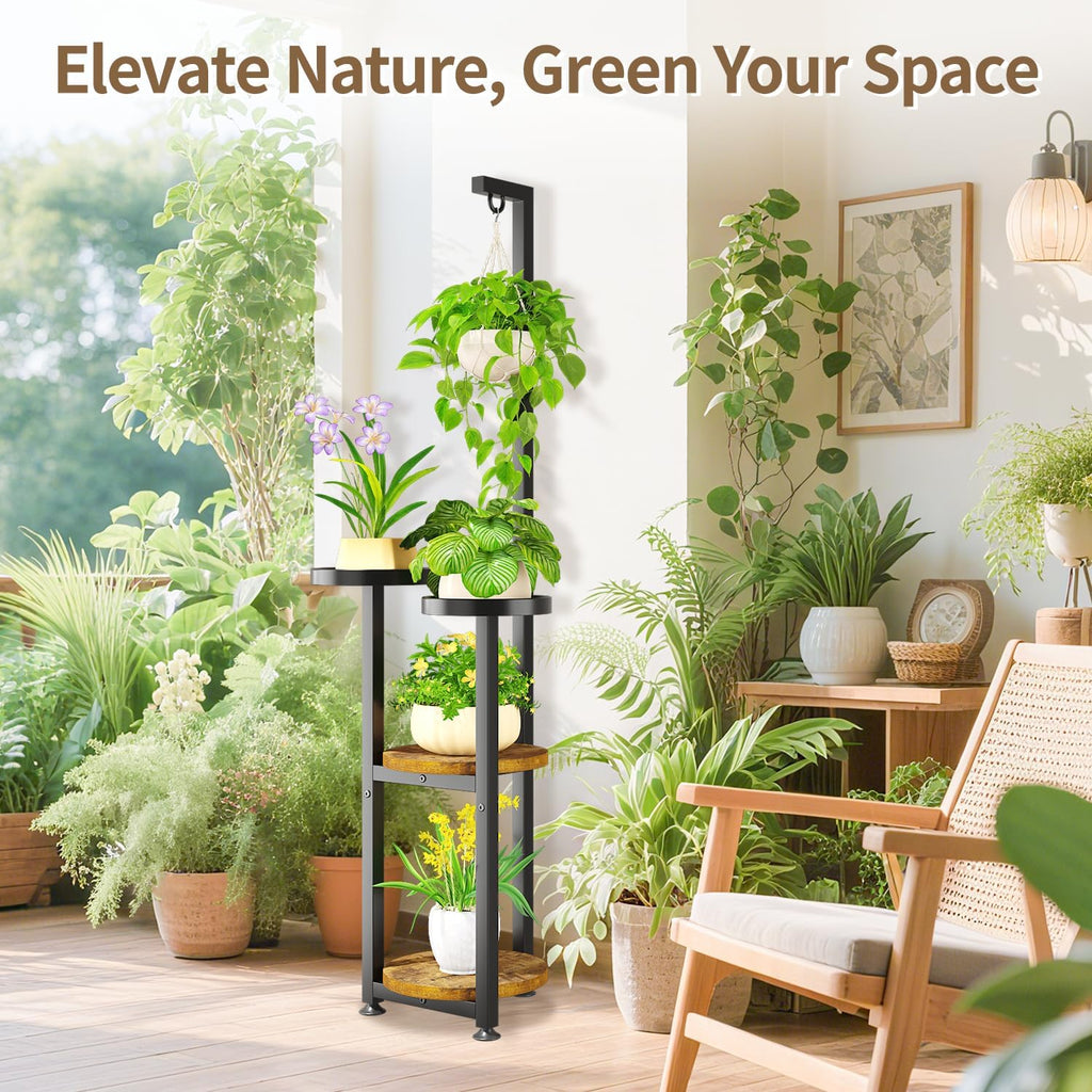 LASZOLA Hanging Plant Stand Holder Indoor Outdoor Tall, 4 Tier Black | Large Heavy Duty Metal Vertical Corner Hanger