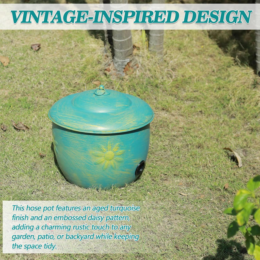 Metal Garden Hose Holder Storage Pot with Lid,Hose Pot for Outside | Holds Up To 100ft Hoses,Outdoor or