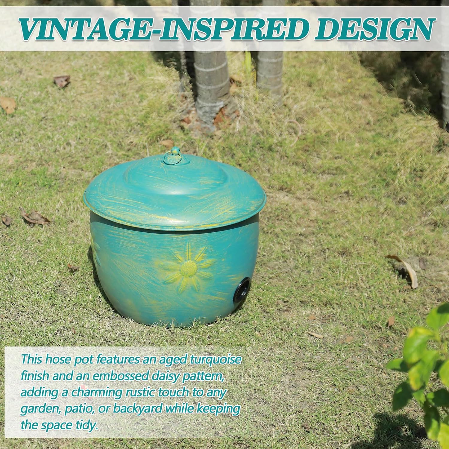 Metal Garden Hose Holder Storage Pot with Lid,Hose Pot for Outside | Holds Up To 100ft Hoses,Outdoor or