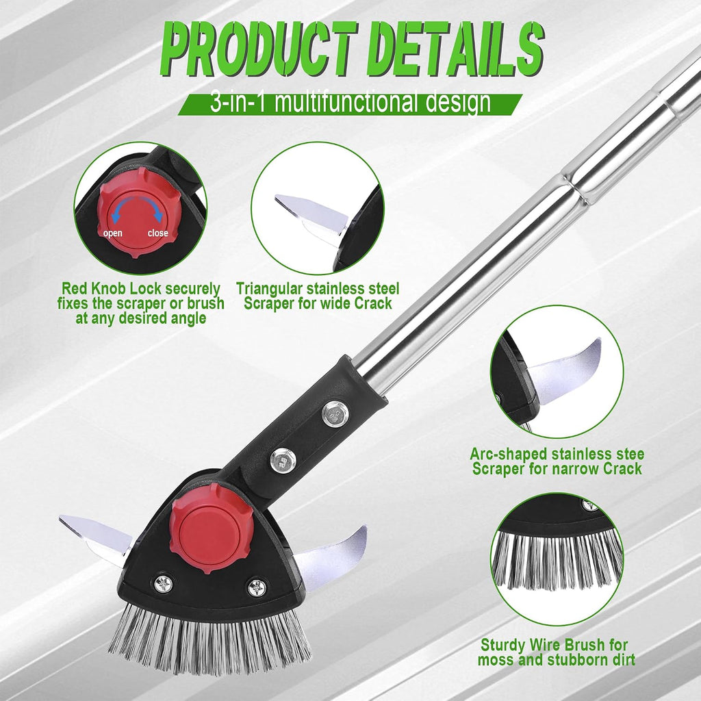 BARAYSTUS Crack Weeder Long Handle 3-in-1 Adjustable Crevice Cleaning Tool with Stainless Steel Weed Brush with 2