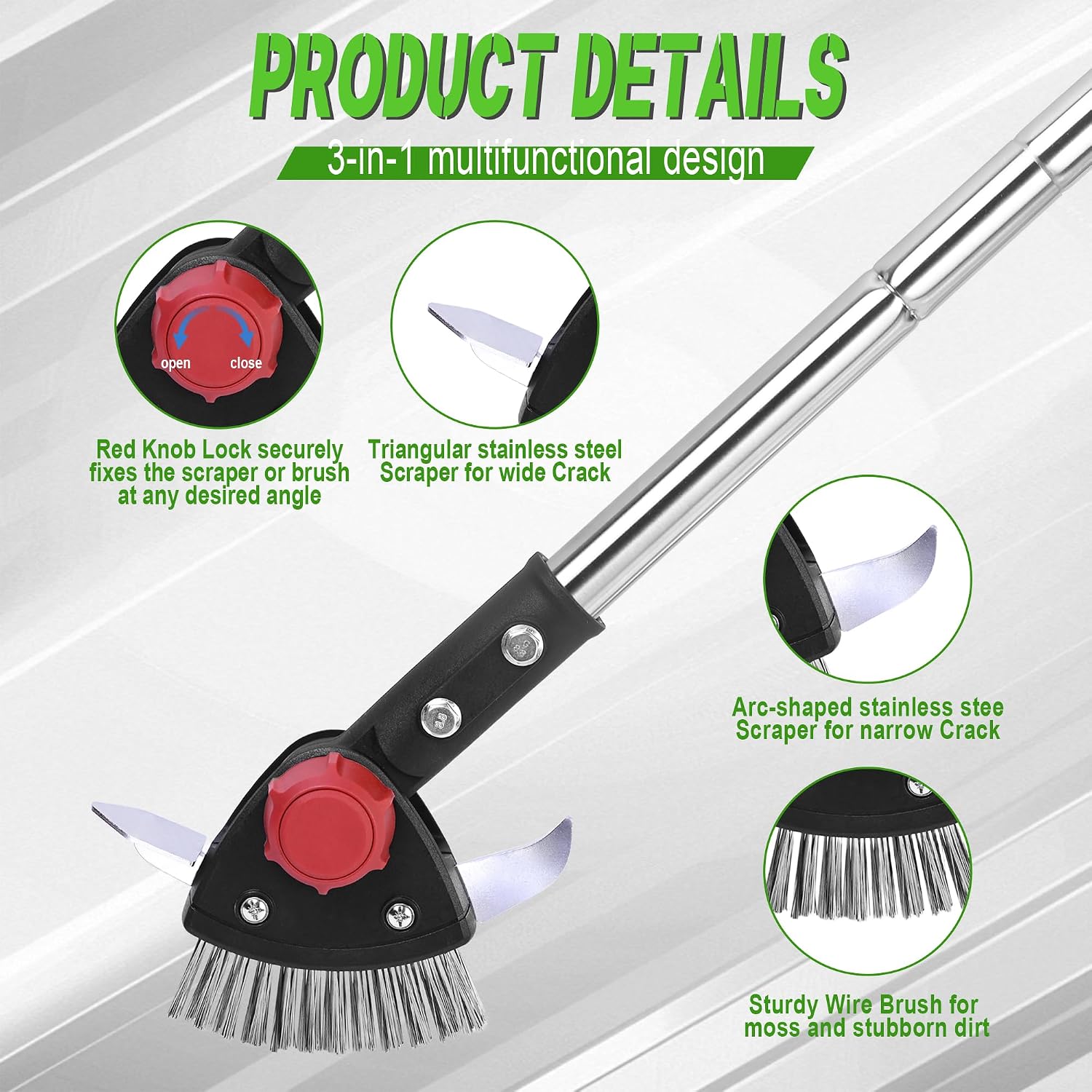 BARAYSTUS Crack Weeder Long Handle 3-in-1 Adjustable Crevice Cleaning Tool with Stainless Steel Weed Brush with 2