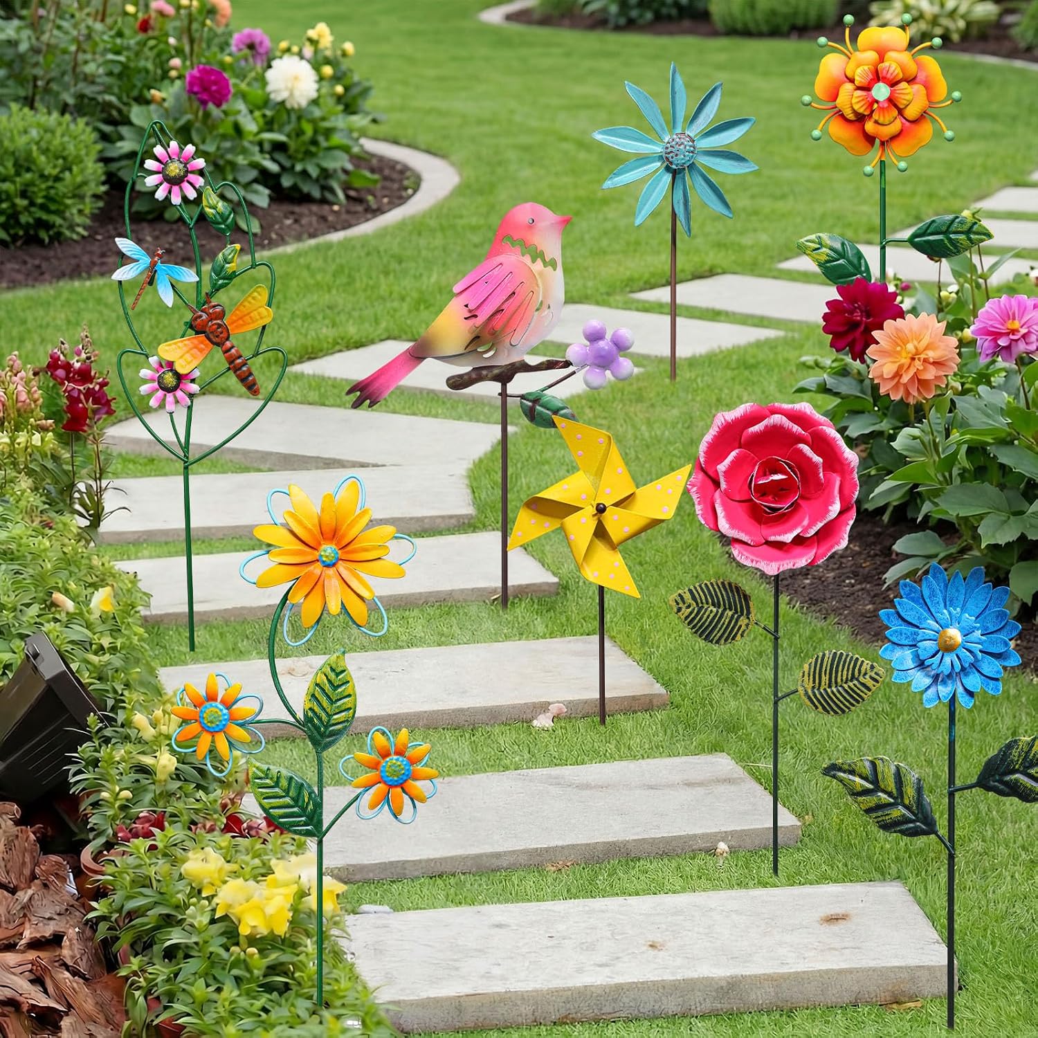 8 Pcs Metal Flower Yard Art for Outside Outdoor 14" 5d Summer Wildflowers Metal Sign Waterproof Garden Stakes Bird