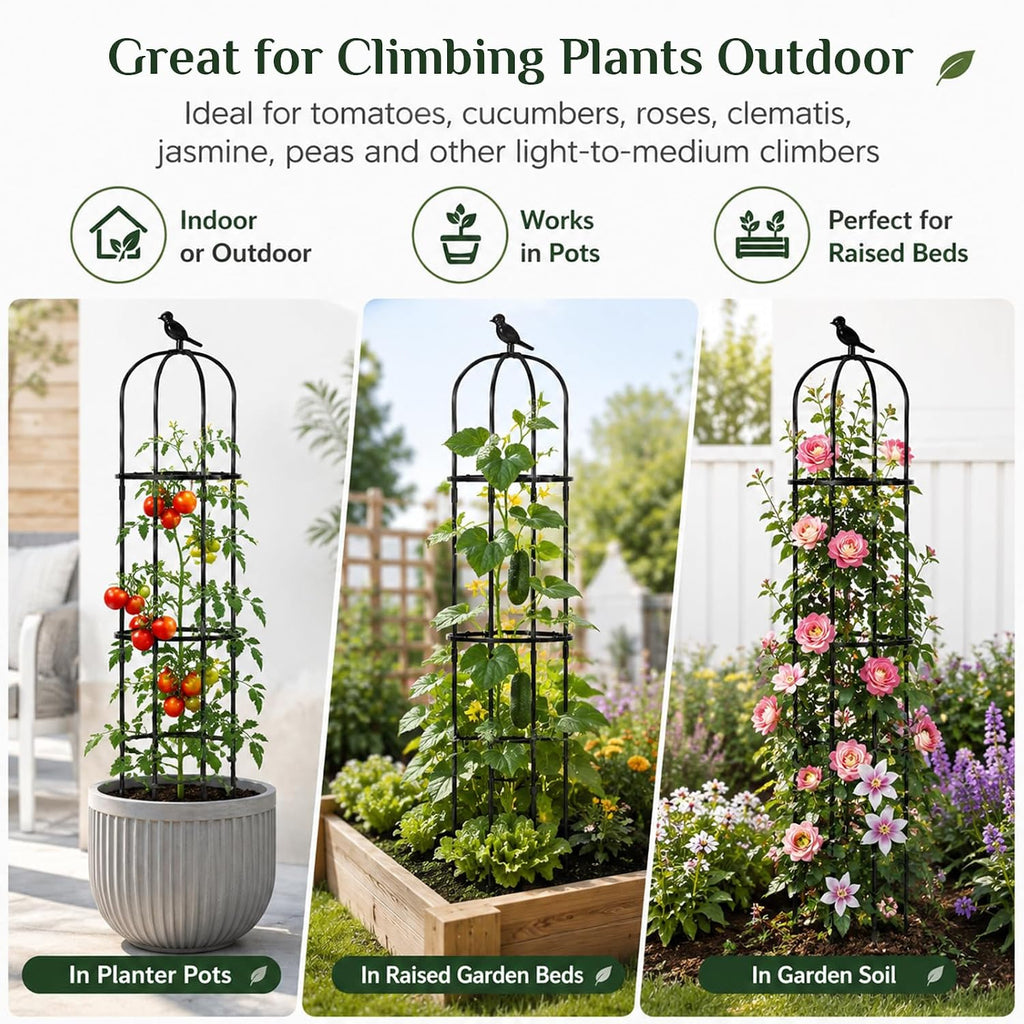 FOLLOOK Garden Obelisk Trellis for Climbing Plants Outdoor, 2 Pack | 67 Inch Lightweight Round Plant Support for Roses