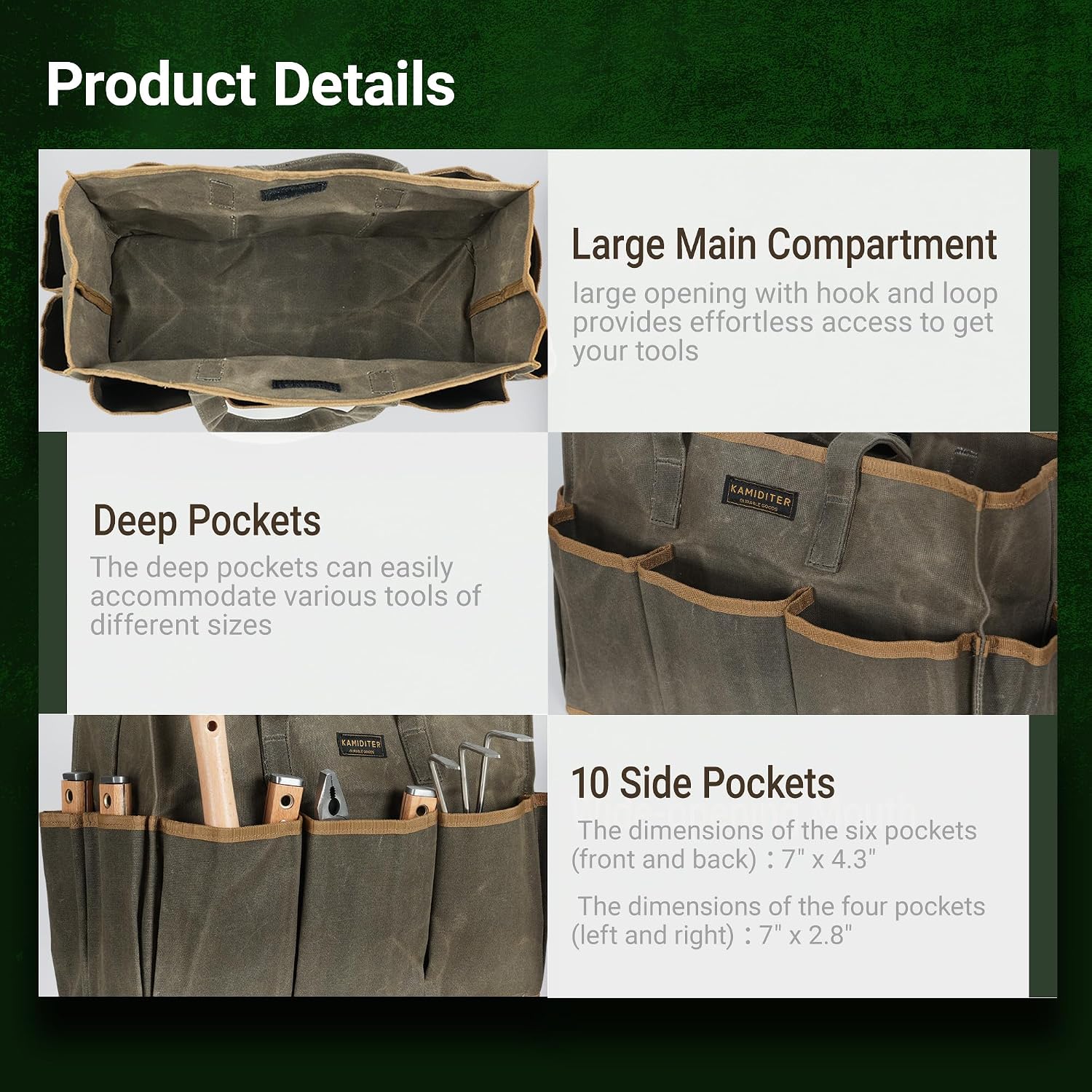 Waxed Canvas Garden Tool Bag Tote, 14 Inch Tool Bag with 10 External Pockets & 1 Large Compartment, Army Green