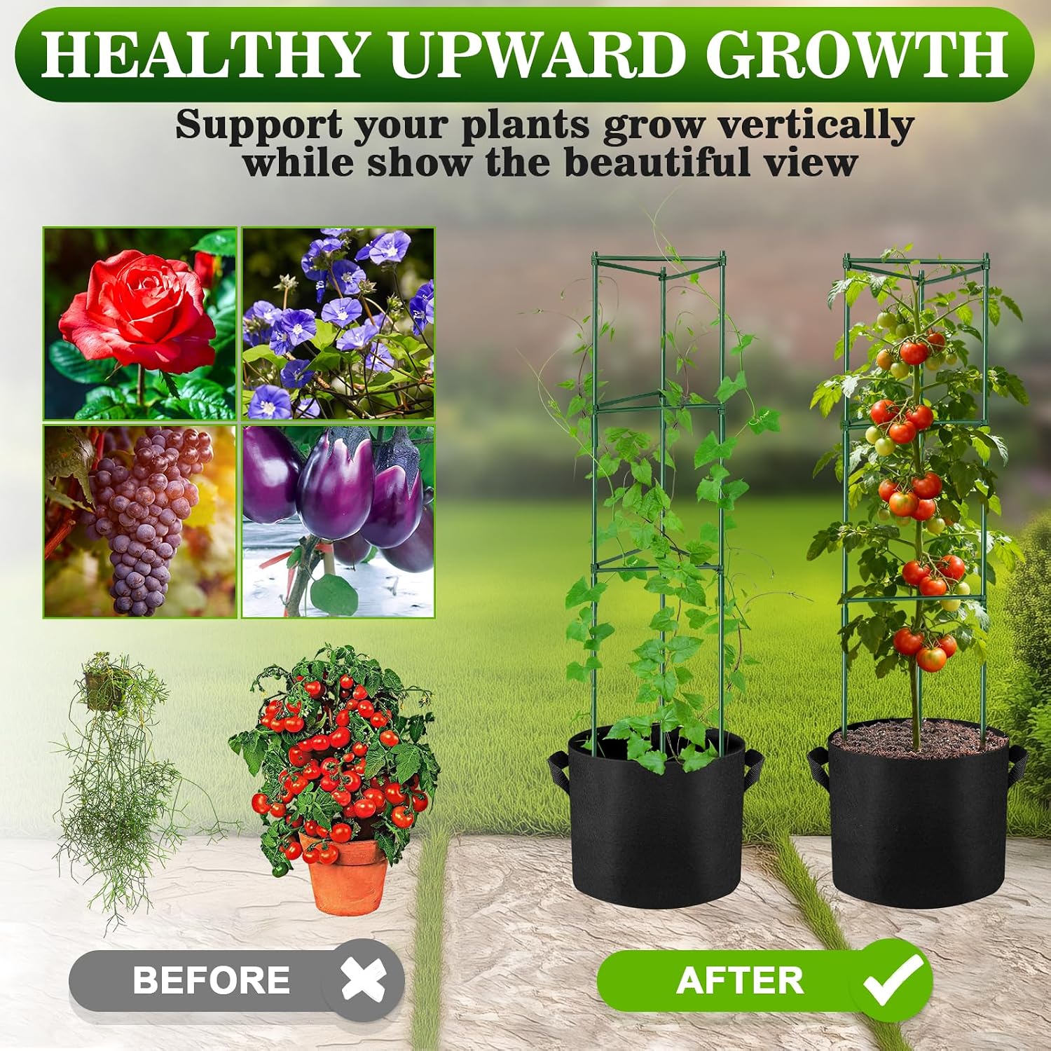 4 Pack 48 Inch Tomato Cages with 10 Gallon Grow Bags for Plant Support | Garden Trellis and Grow Bag Set for Tomatoes
