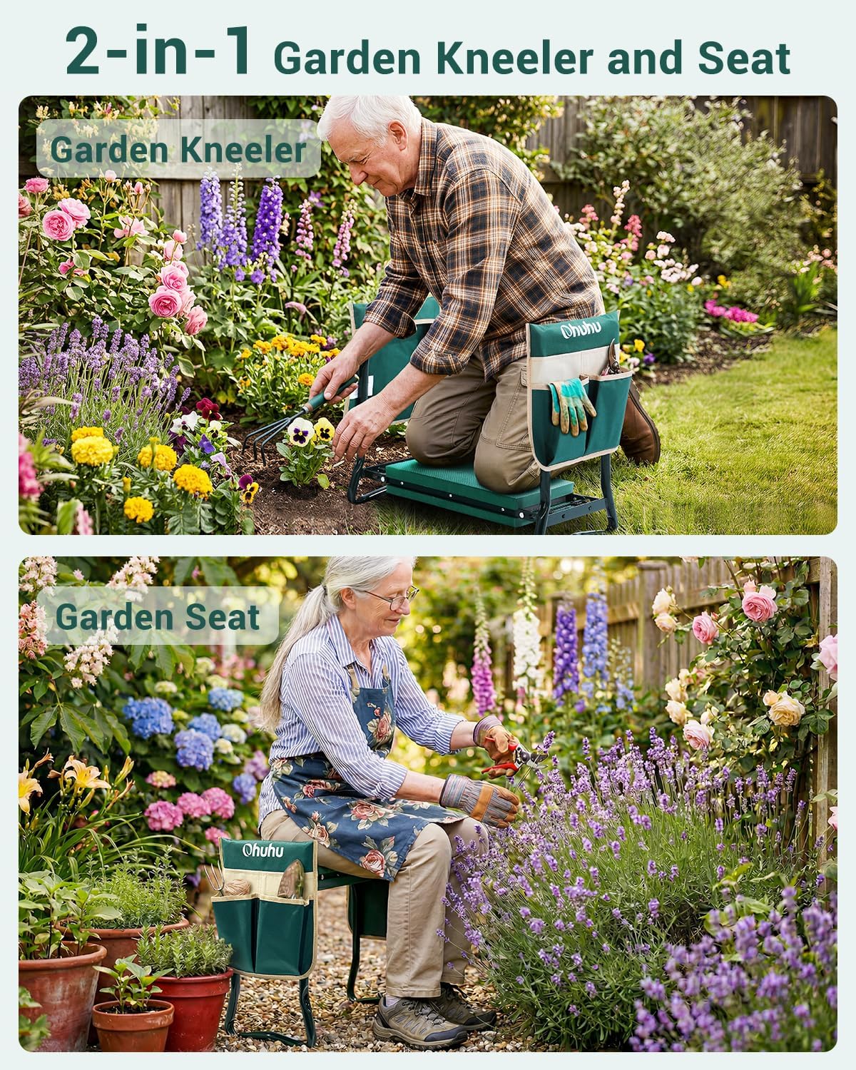 Ohuhu Garden Kneeler and Seat 8" Wider Pad Heavy Duty 2-in-1 Foldable Stool | supports 330 lbs, gardening tool, thicker
