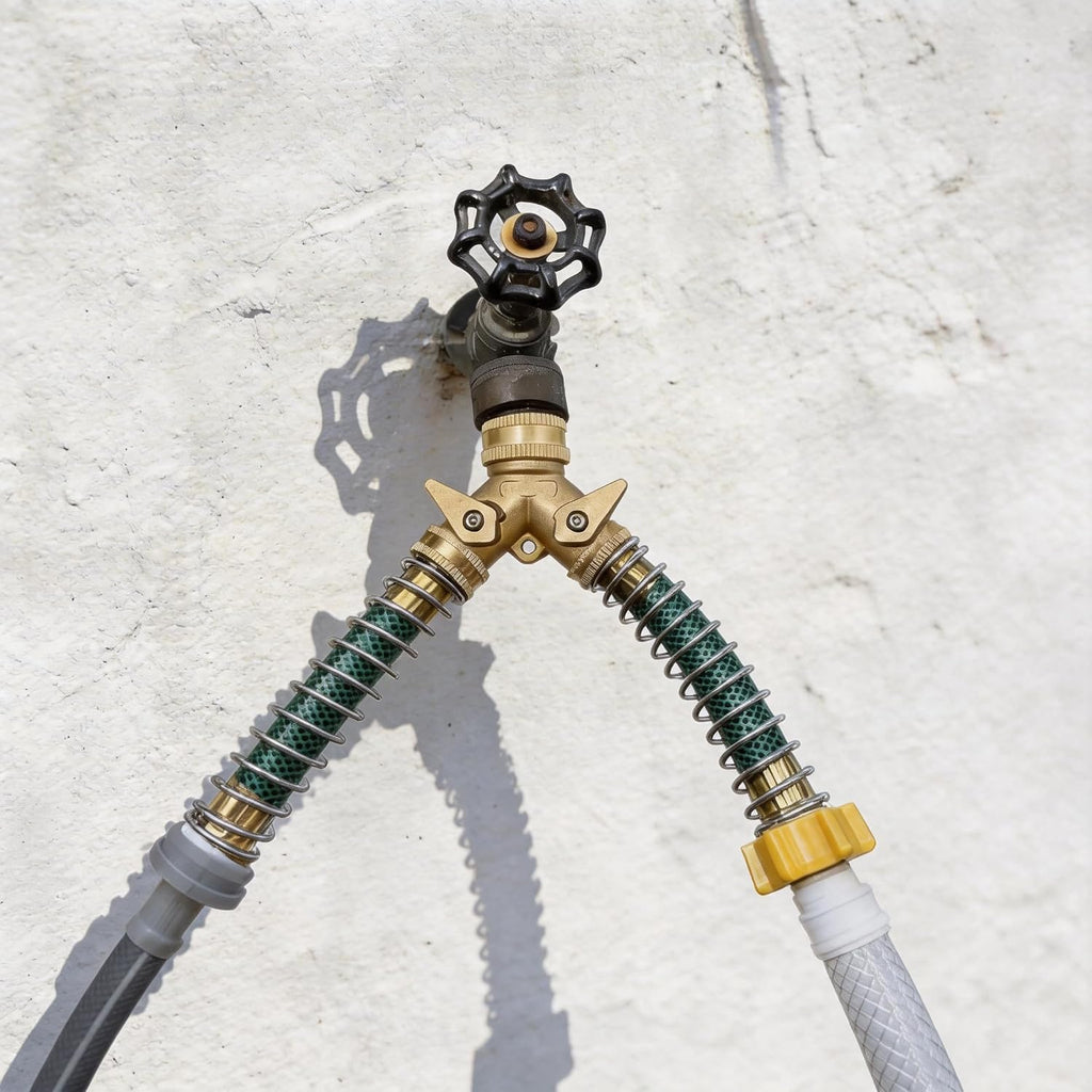 VANCOCO Garden Hose Coiled Spring Protectors, 3/4" Heavy Duty Brass Hose Splitter 2 Way with Hose Spring Protector for