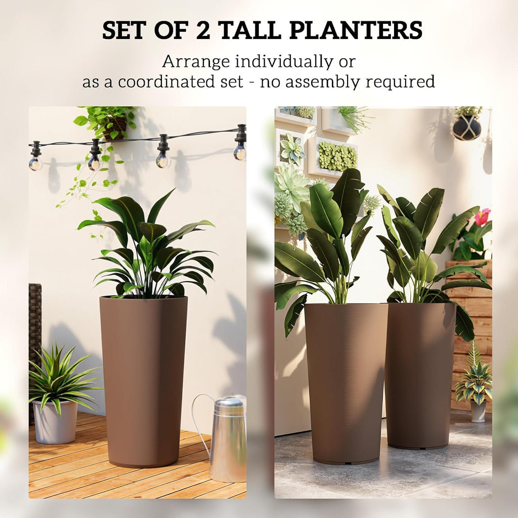 Outsunny 29 Inch Tall Planters for Outdoor Plants Set of 2, Brown | Plastic Flower Pots, DIY Drainage Holes, Stackable