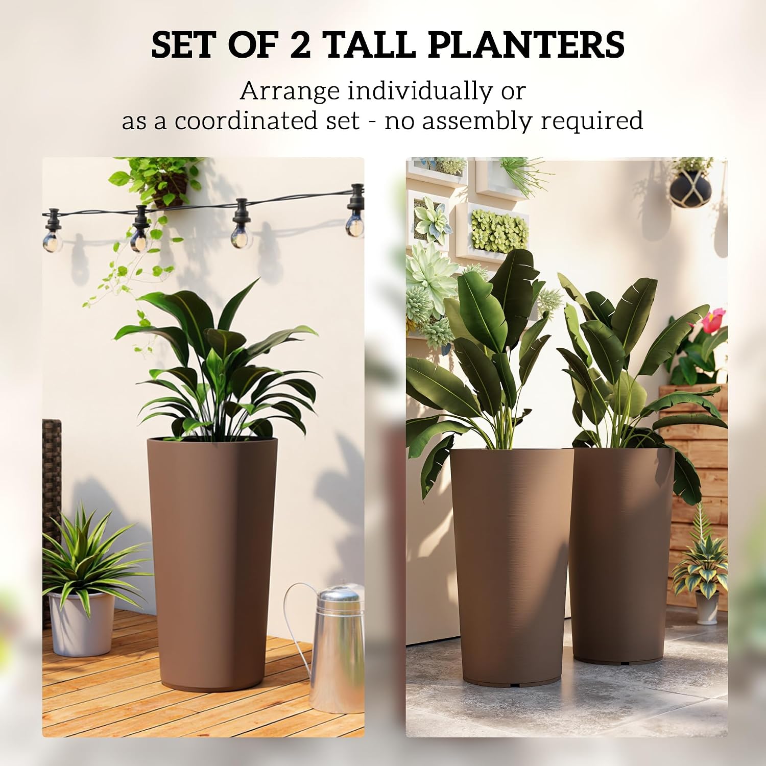 Outsunny 29 Inch Tall Planters for Outdoor Plants Set of 2, Brown | Plastic Flower Pots, DIY Drainage Holes, Stackable