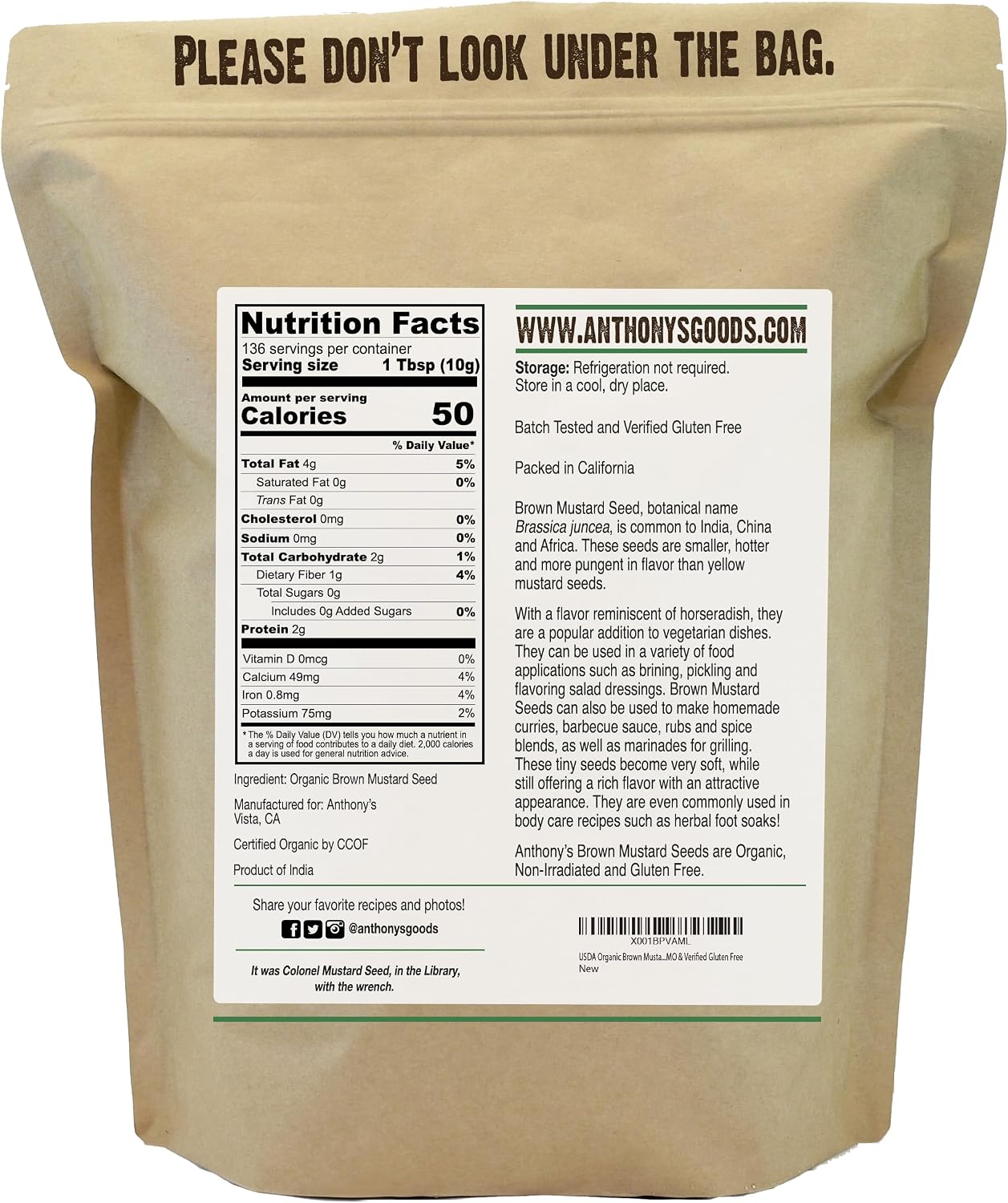 Anthony's Organic Brown Mustard Seeds, 3 lb, Gluten Free, Non GMO, Keto Friendly