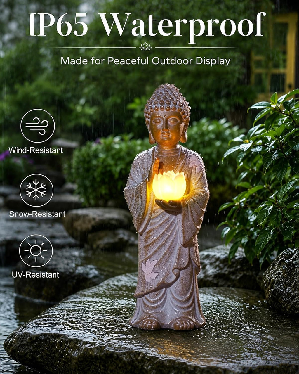 Solar Buddha Garden Statue Decor: Standing Figurine with Lotus Light | 11-Inch White Zen Sculpture, Patio Lawn Yard