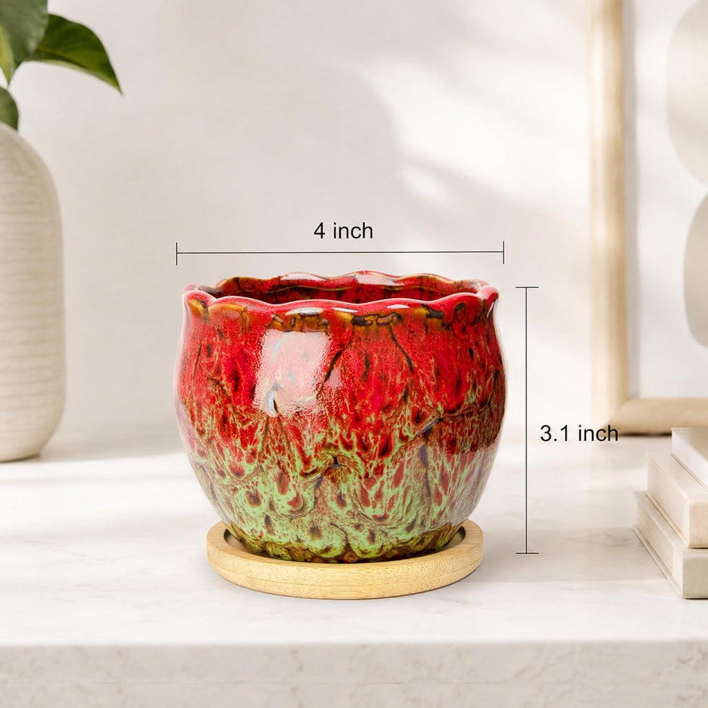 ARTKETTY Succulent Pots, 4 Inch Plant Pots with Drainage Tray | Small Ceramic Pots for Indoor Plants Set of 4, Round