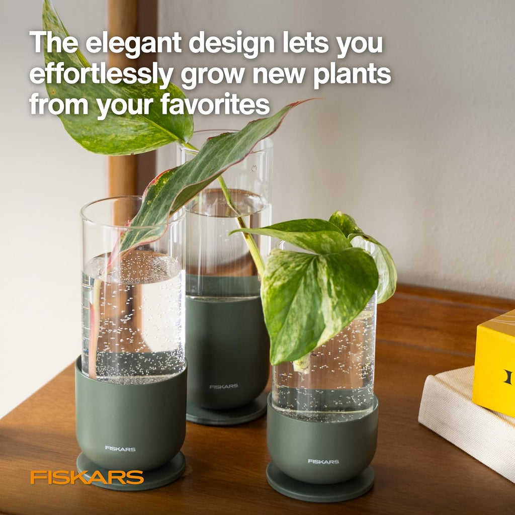 Fiskars Plant Propagation Set, Glass Vase Hydroponic Growing System, 3-Pack | Metal Stands for Root Cuttings