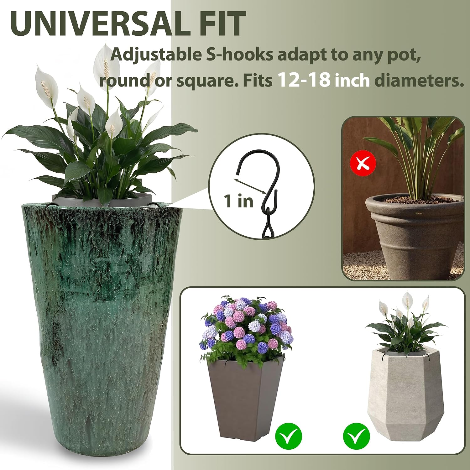 2 Pack Adjustable Planter Inserts with Chains and S Hooks for 12-18" Pots. | 48lbs max load, rustproof metal, 4-point