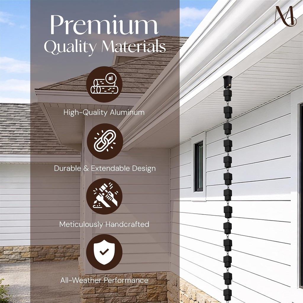 Monarch Rain Chains Aluminum Multi Cube Black Rain Chains for Gutters – 8.5 ft Black Decorative Rainchain Outdoor
