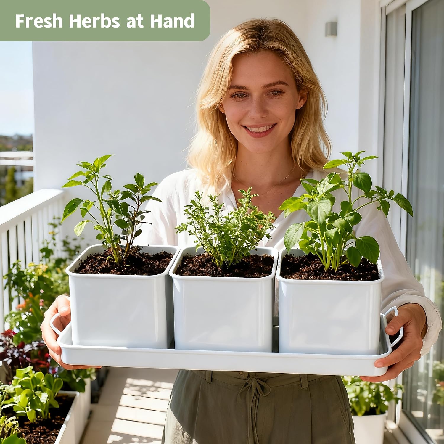 Indoor Herb Garden, Herb Planter Set with Handled Tray, 3 Iron Indoor Plant Pots with Drainage Holes, Windowsill