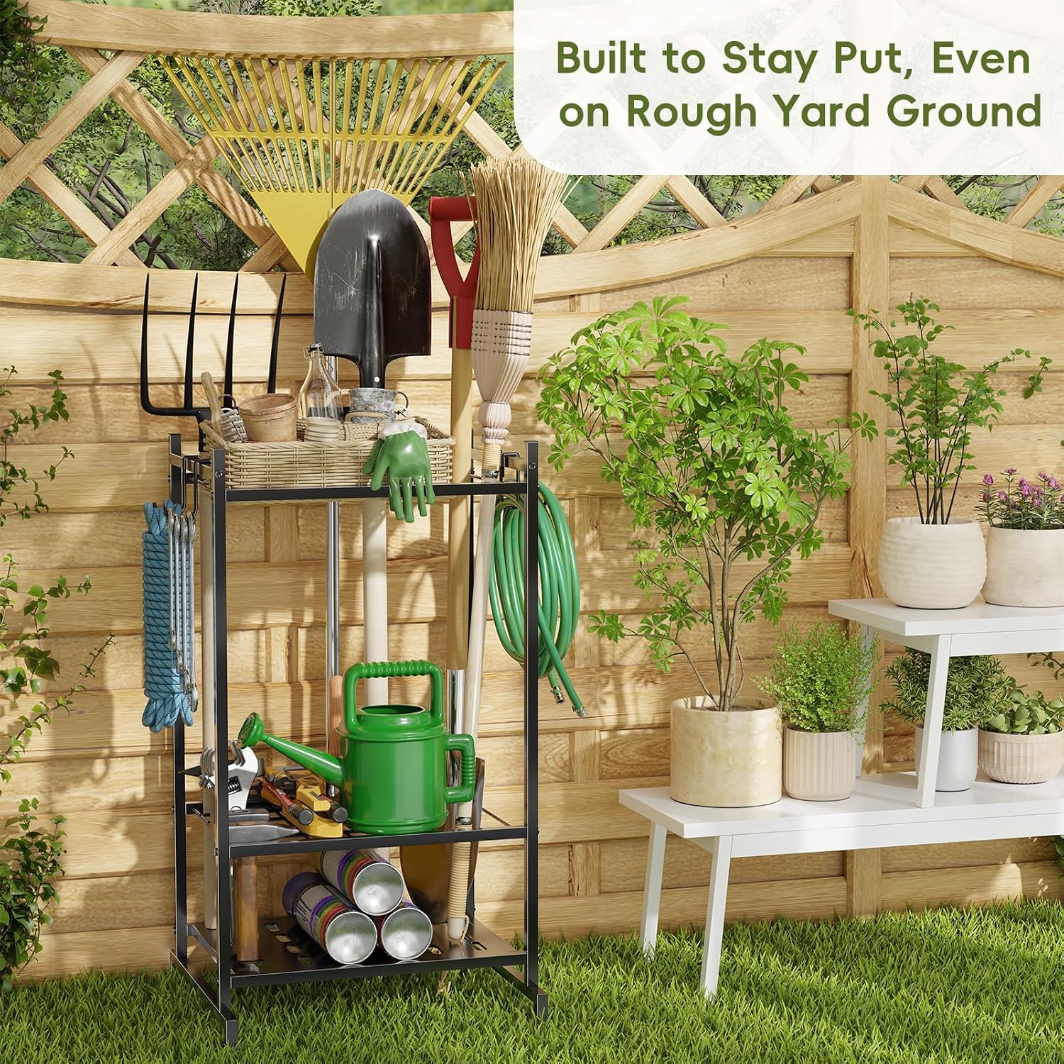 Garden Tool Organizer with Leveling Feet, Yard Tool Tower Rack for Garage Organization with Large Tool Bags with