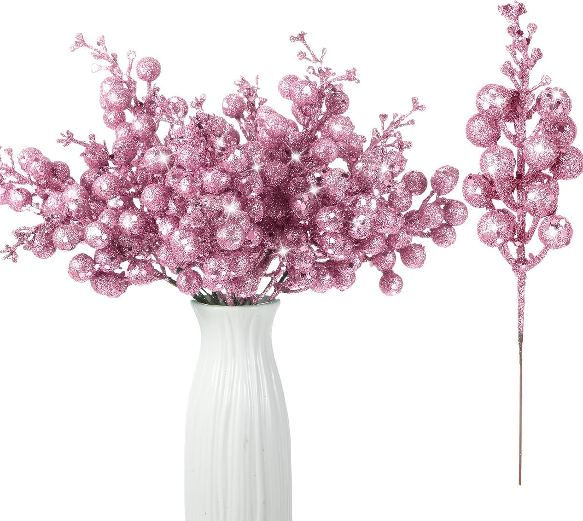 Geosar 36 Pcs Christmas Glittered Berries Stems, Pink
