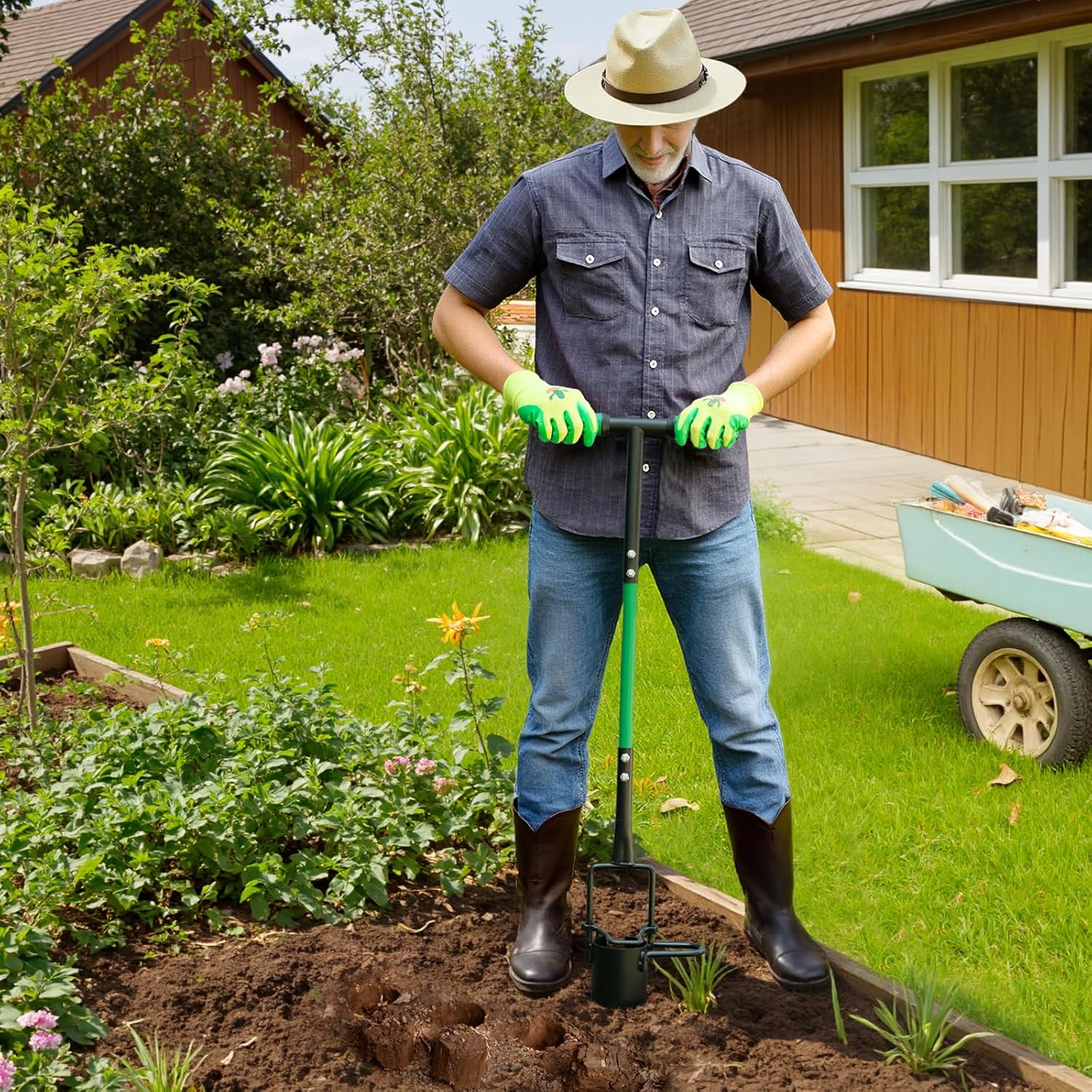 Altdorff Bulb Planter Tool Long Handle, Sod Plugger with Serrated Base and Non-Slip Soft Grip Handle, 5-in-1 Grass Plug