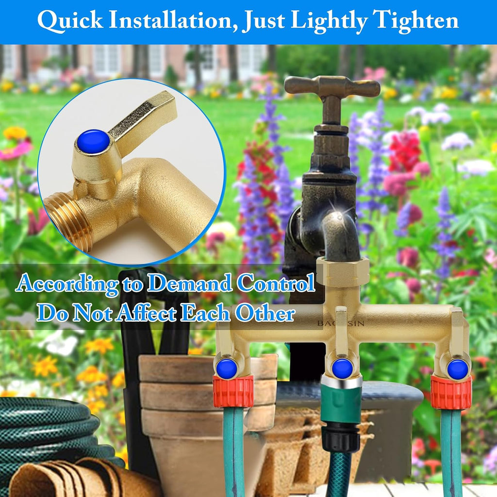 Brass Garden Hose Splitter, 3 Way Hose Splitter, Outdoor Hose Splitter, Outlet for Regulating and Shutting Off Water