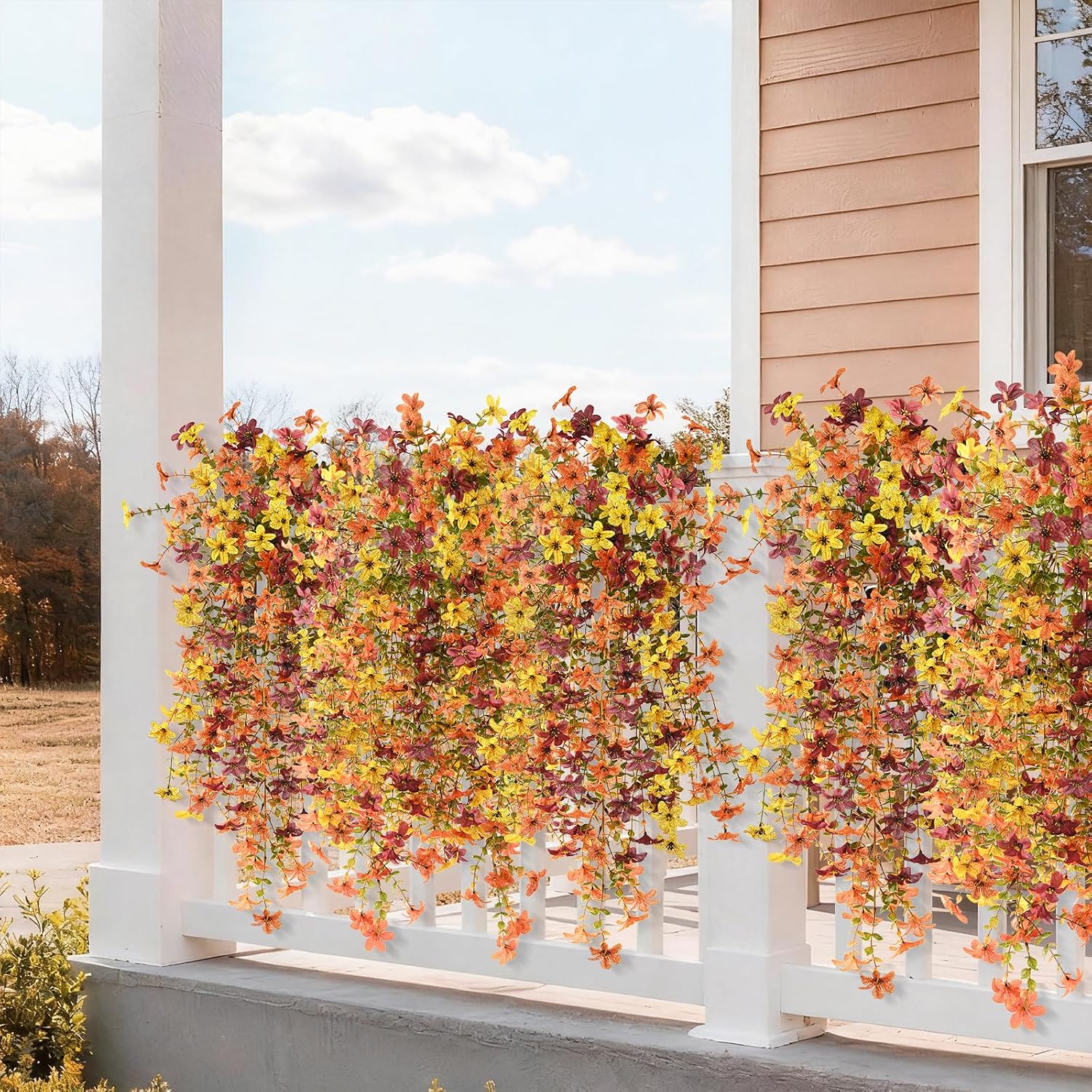 INQCMY Artificial Fake Hanging Flowers Plants for Outdoor Fall Decoration | 2PCS Faux Silk Daisy with Eucalyptus