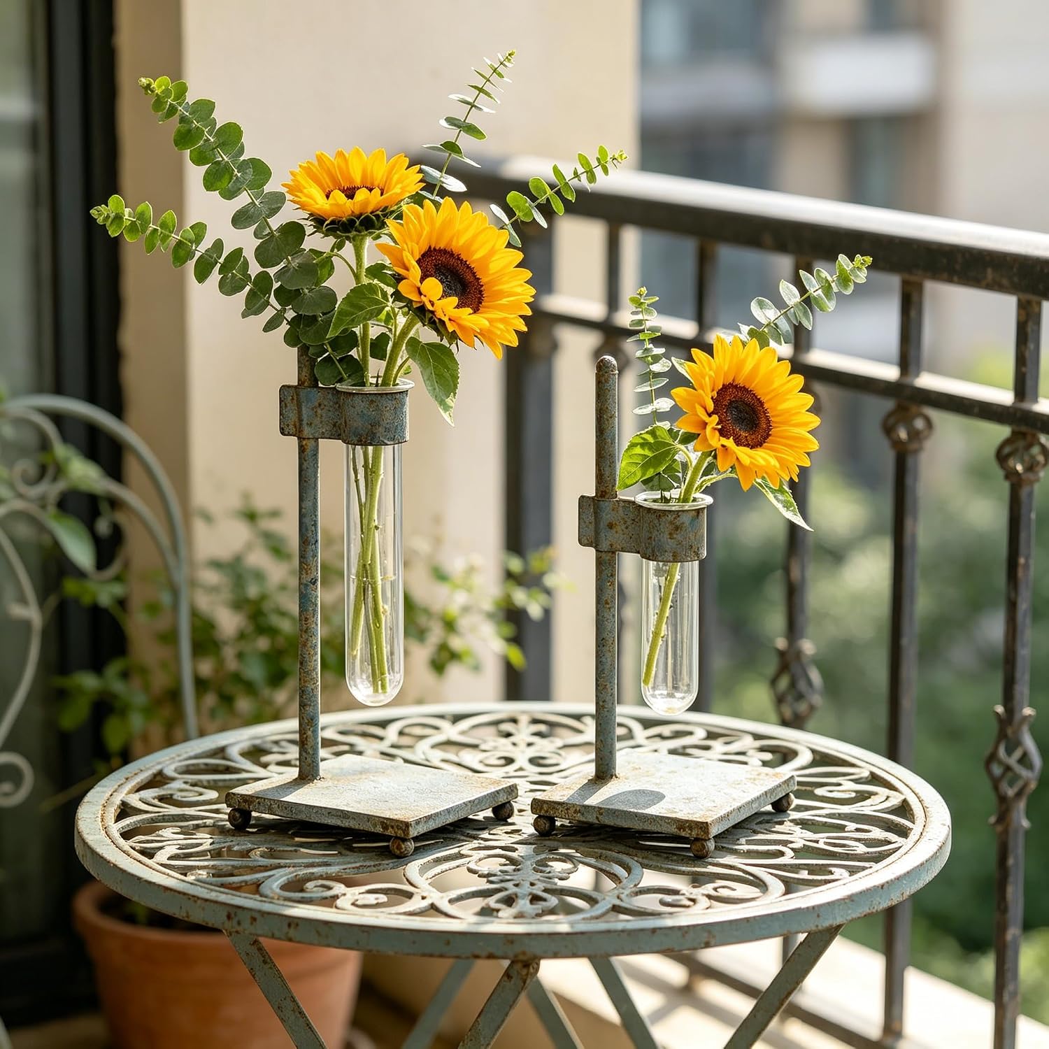 Retro Test Tube Vase Set of 2, Rustic Metal Plant Propagation Station with Clear Glass Tubes, Hydroponic Planter for