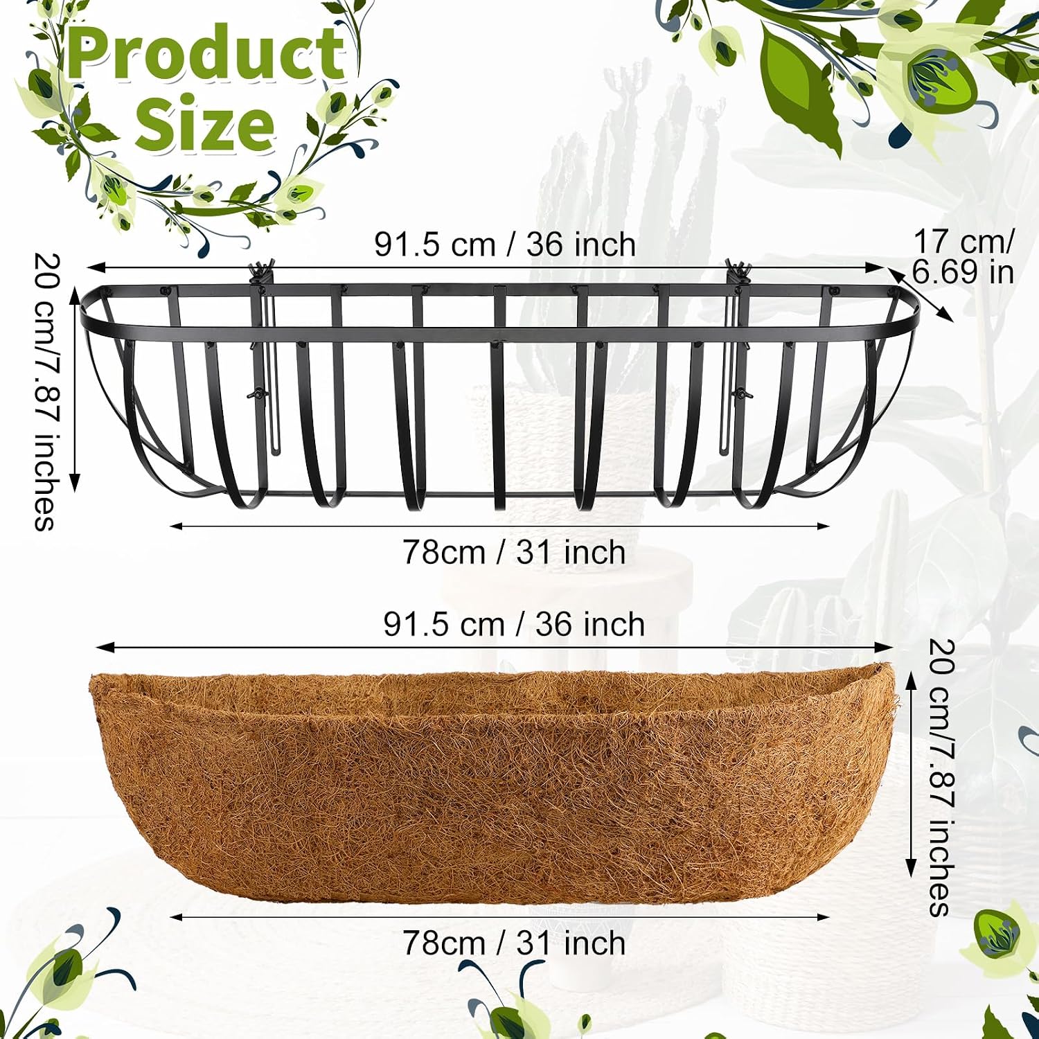 Tessco for you 2 Pieces Railing Planter Boxes, 36 Inches Window Box Planters with Coco Liner and Adjustable Brackets