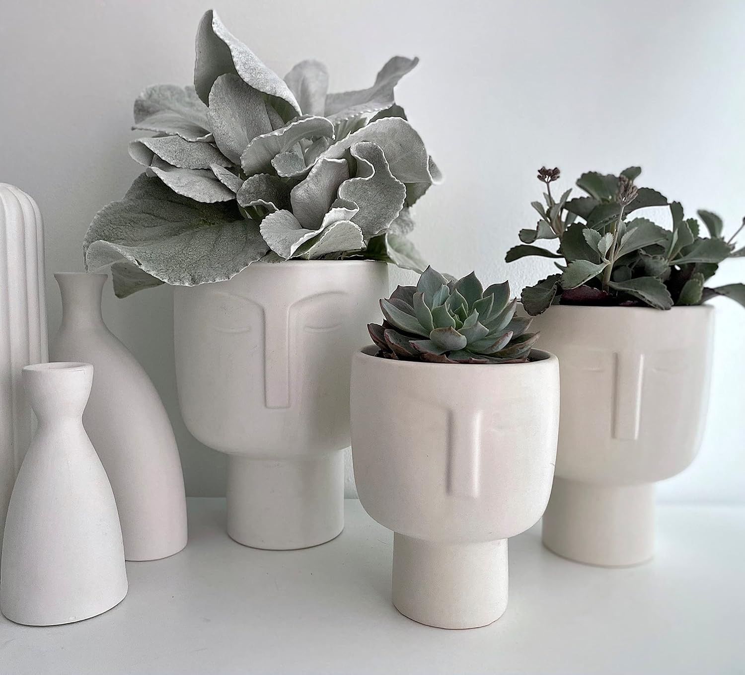 Planters for Indoor Plants - Tall 7 Inch Ceramic Self Watering Pots Matte White Plant Pot with Drainage & Inner Pot