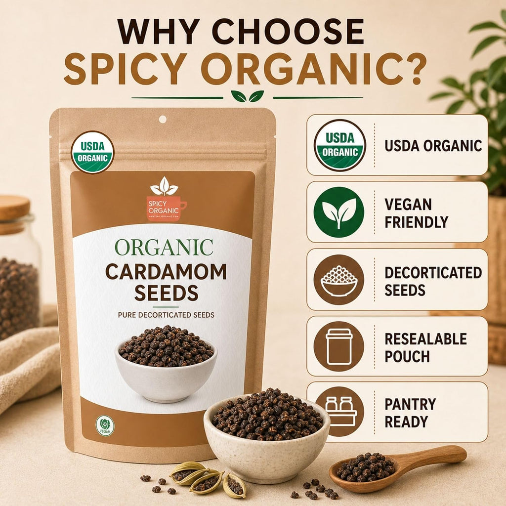 SPICY ORGANIC Premium Decorticated Organic Cardamom Seeds – 100% USDA Organic - Perfect for enhancing the taste of a