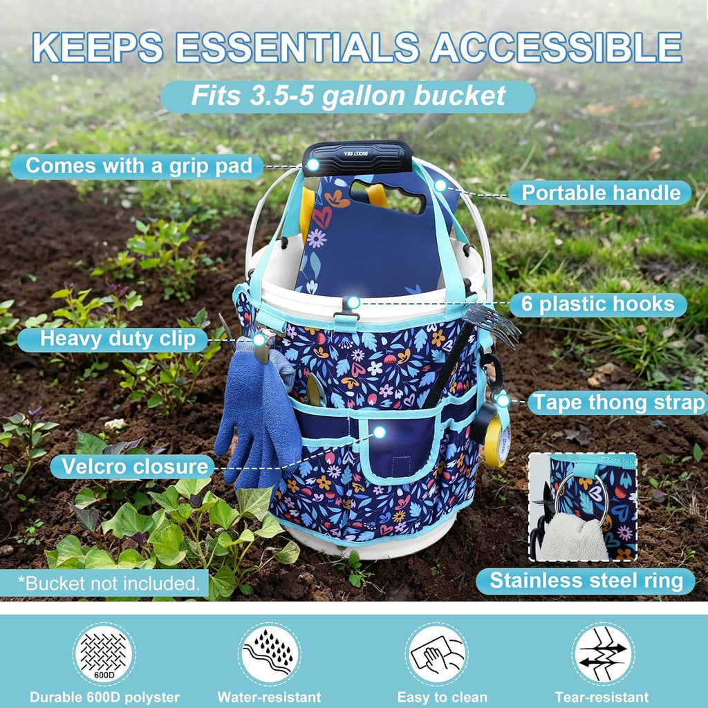 KUNN 5 Gallon Garden Bucket Tool Organizer & Kneeling Pad Set, 18-Pocket Heavy Duty Garden Caddy with Hangable Handle