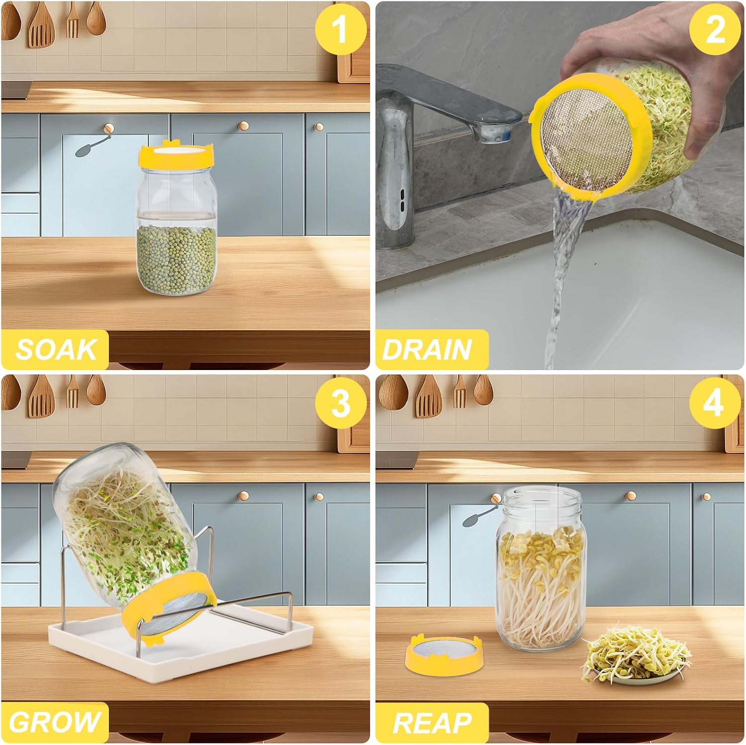  [Large Size] 68oz Sprouting Kit, 2 Sprouting Jar Kits, Wide Mouth Jars with Stainless Steel Screen Sprout Lid, 2000ml
