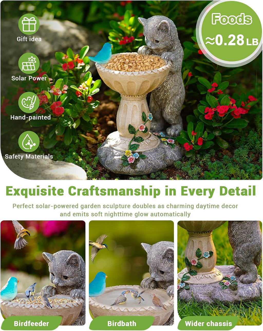 Solar Cat Statue for Garden Decor: IP44 Weatherproof Resin with Automatic Lighting - No Installation- Outdoor Yard