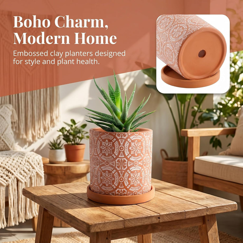 2 Pack Terracotta Plant Pot, 5'' Red Clay Planter Pot with Boho Flower Pattern, Ceramic Cactus Flower Planter Succulent