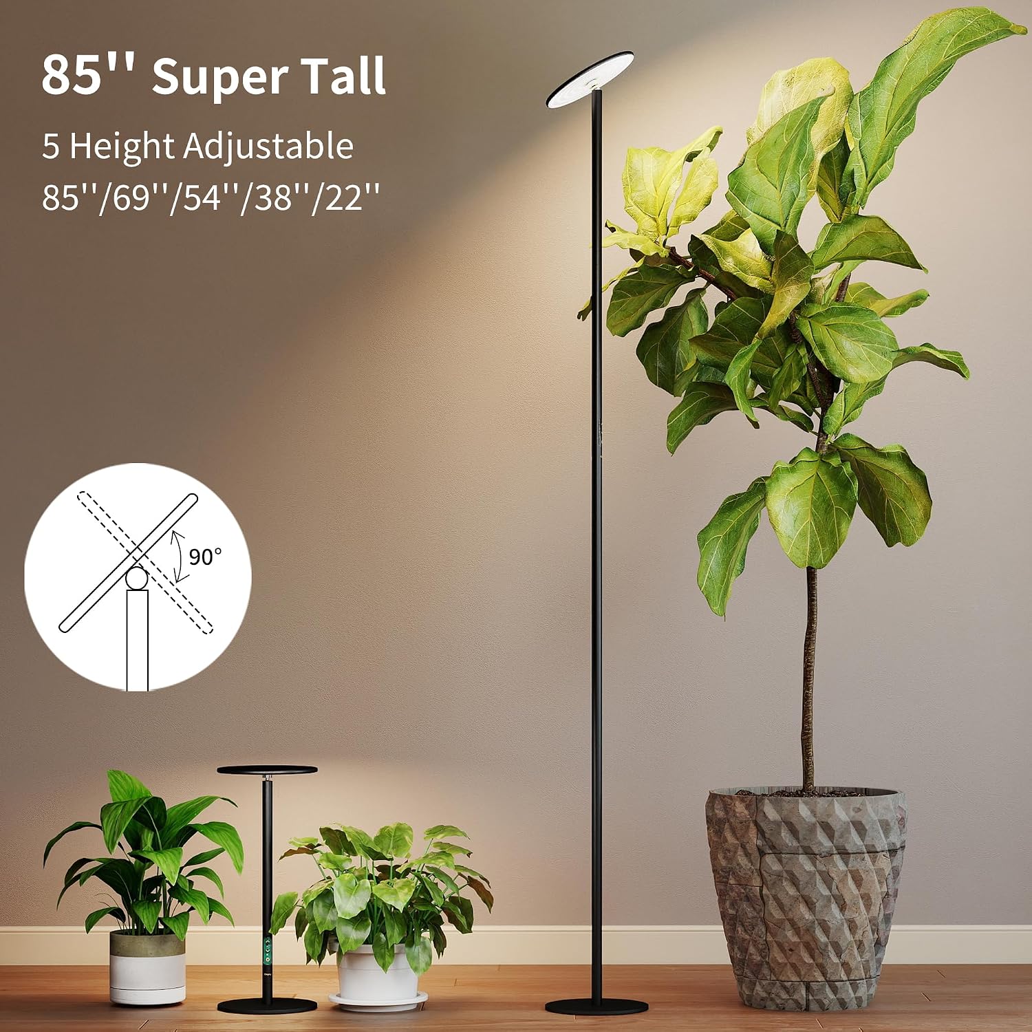 85" Tall Grow Light for Large Indoor Plants, 60W Full Spectrum | 1-23H Timer, Blue-Enhanced Sun Spectrum, Dimmable