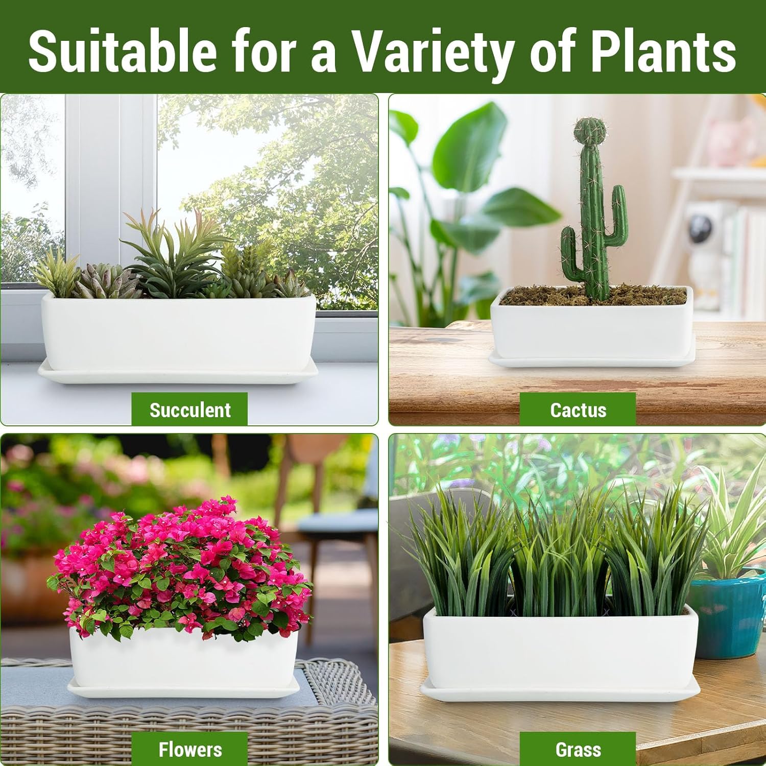 MyGift 14 Inch Unglazed White Ceramic Indoor Plant Pot with Drainage Hole | Rectangular Succulent Planter Window Box