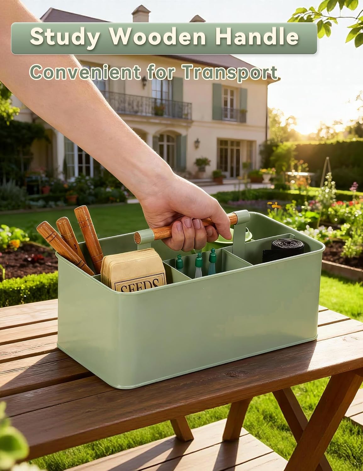 Gardening Tool Caddy, Wooden Handle and 4 Compartments | Metal Green Garden Tool Basket, Large Capacity Garden Caddy