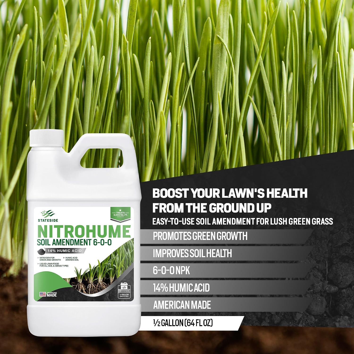 64oz Liquid Lawn Fertilizer - Covers 8,000 sq. ft., NitroHume Nitrogen Liquid Fertilizer for Lawns, Humic for Healthy