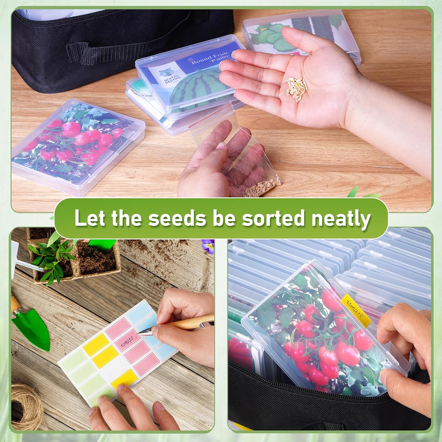 24 Slots Seed Storage Organizer Box with Dual Zipper Bag | 100 Pcs Seed Sealed Bag and 80 Pcs Label Stickers,Seed