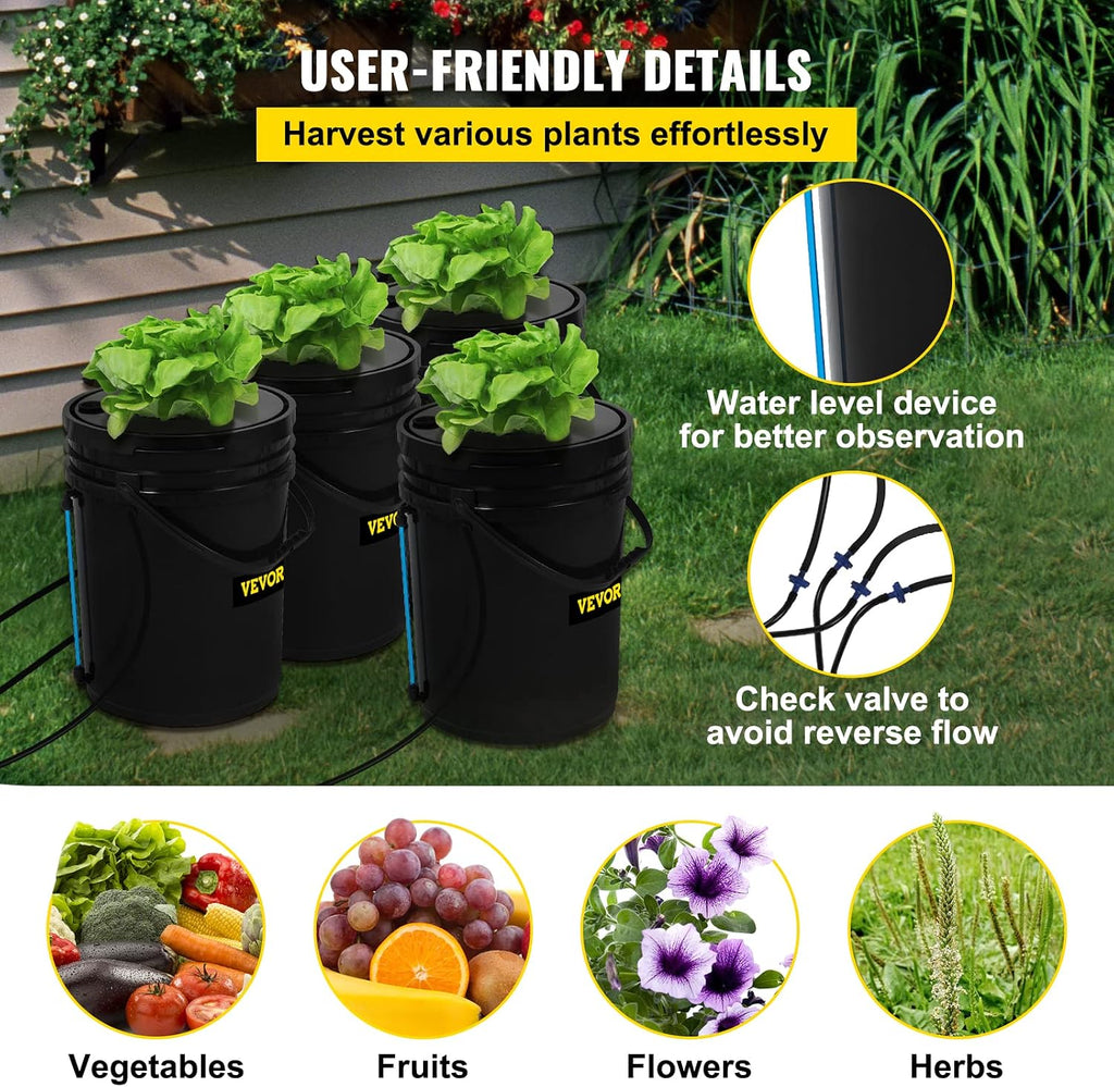 VEVOR DWC Hydroponic System, 5 Gallon 4 Buckets, Deep Water Culture Growing Bucket, Hydroponics Grow Kit with Pump, Air
