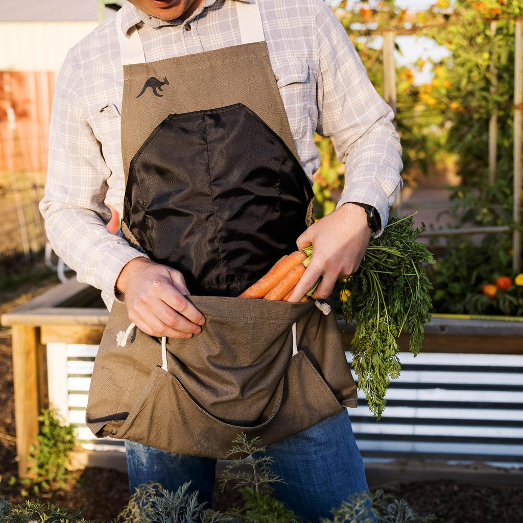 Roo Gardening Apron with Pockets for Women & Men - Canvas Garden Apron with Harvesting Pouch, Water-Resistant, Washable