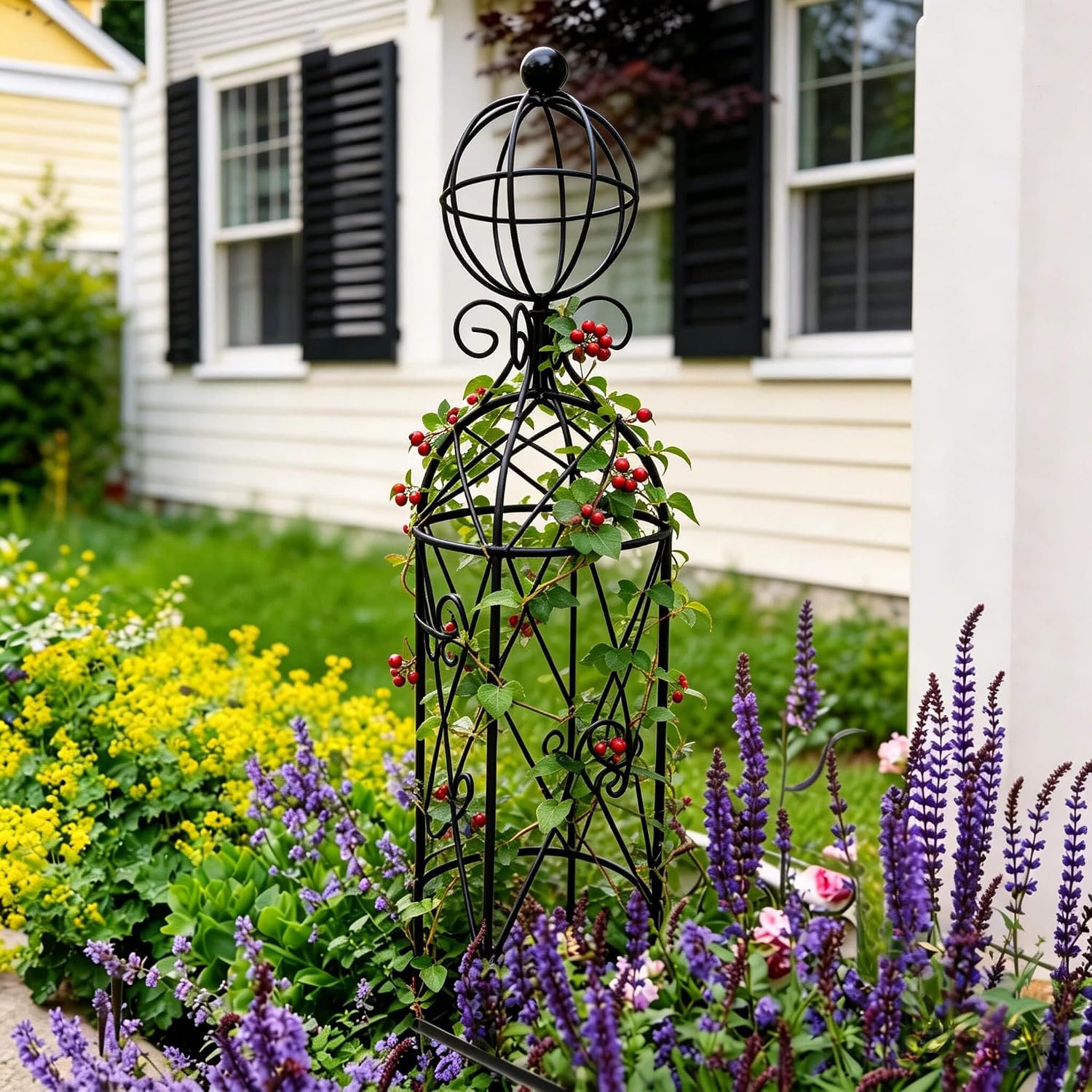 2-Pack Metal Garden Obelisk Trellis, 28" Geometric Sphere Plant Support | Tool-free assembly; fits 9–12in planters