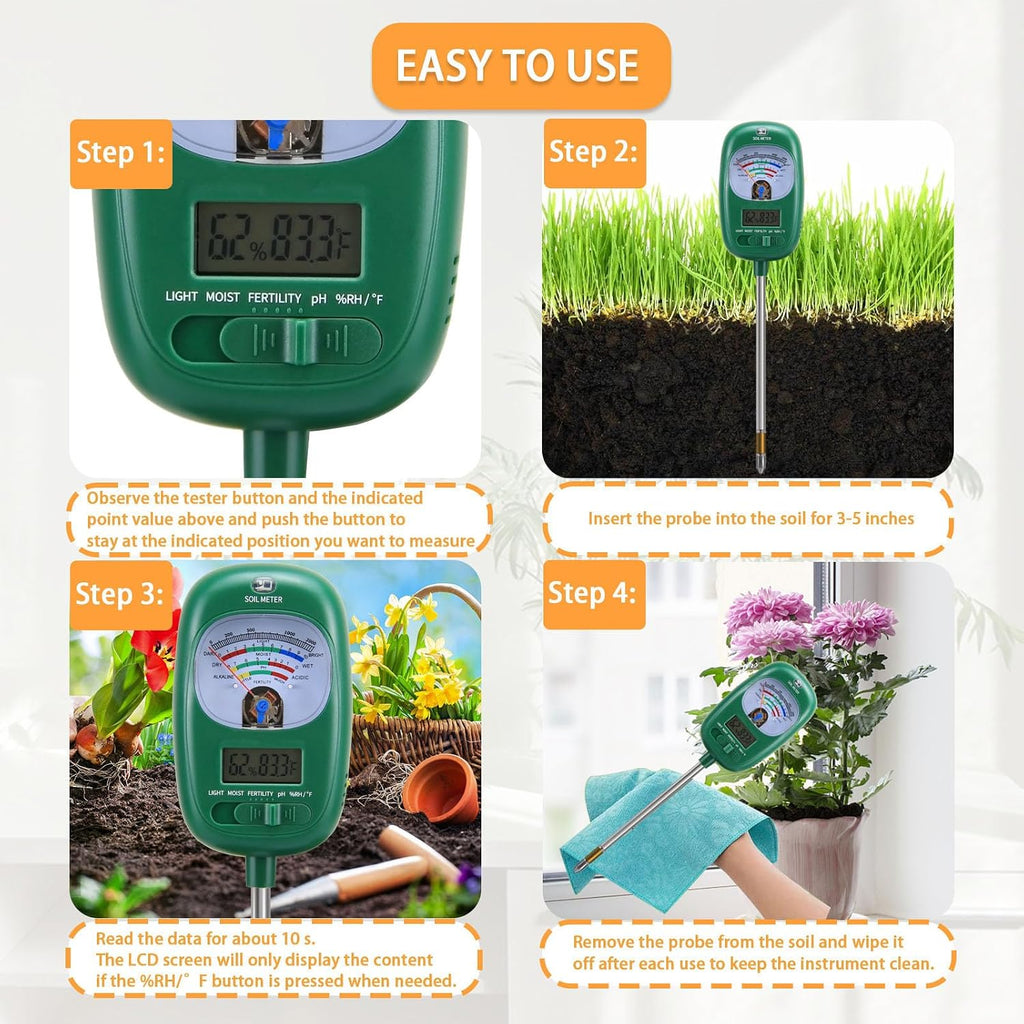 7-in-one Soil Test Kit, Soil Moisture Meter/PH Meter/Sunlight Intensity/Fertility Soil Tester, LCD Display Air & Soil
