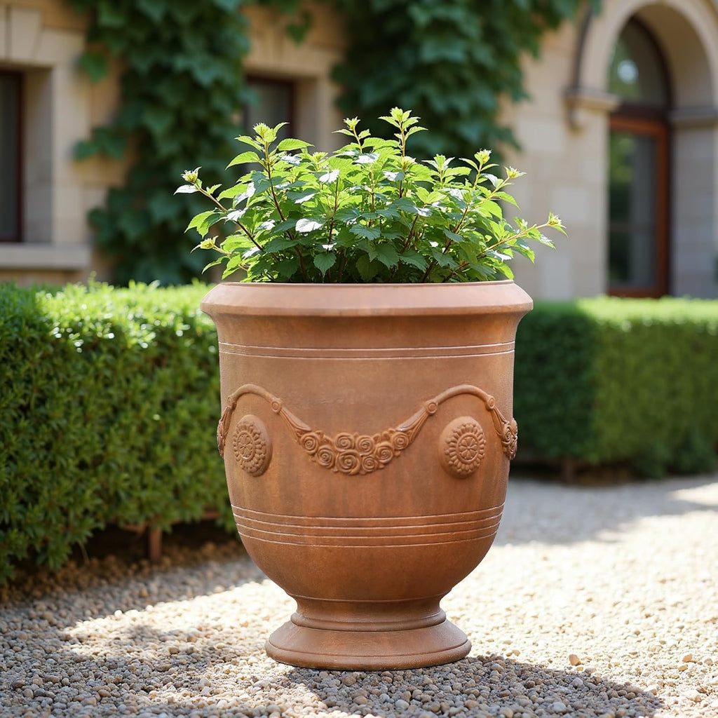 Worth Garden Large Urn Planter - 14" Dia x 16.5" H Lightweight Magnesium Oxide Plant Pot with Cement Texture