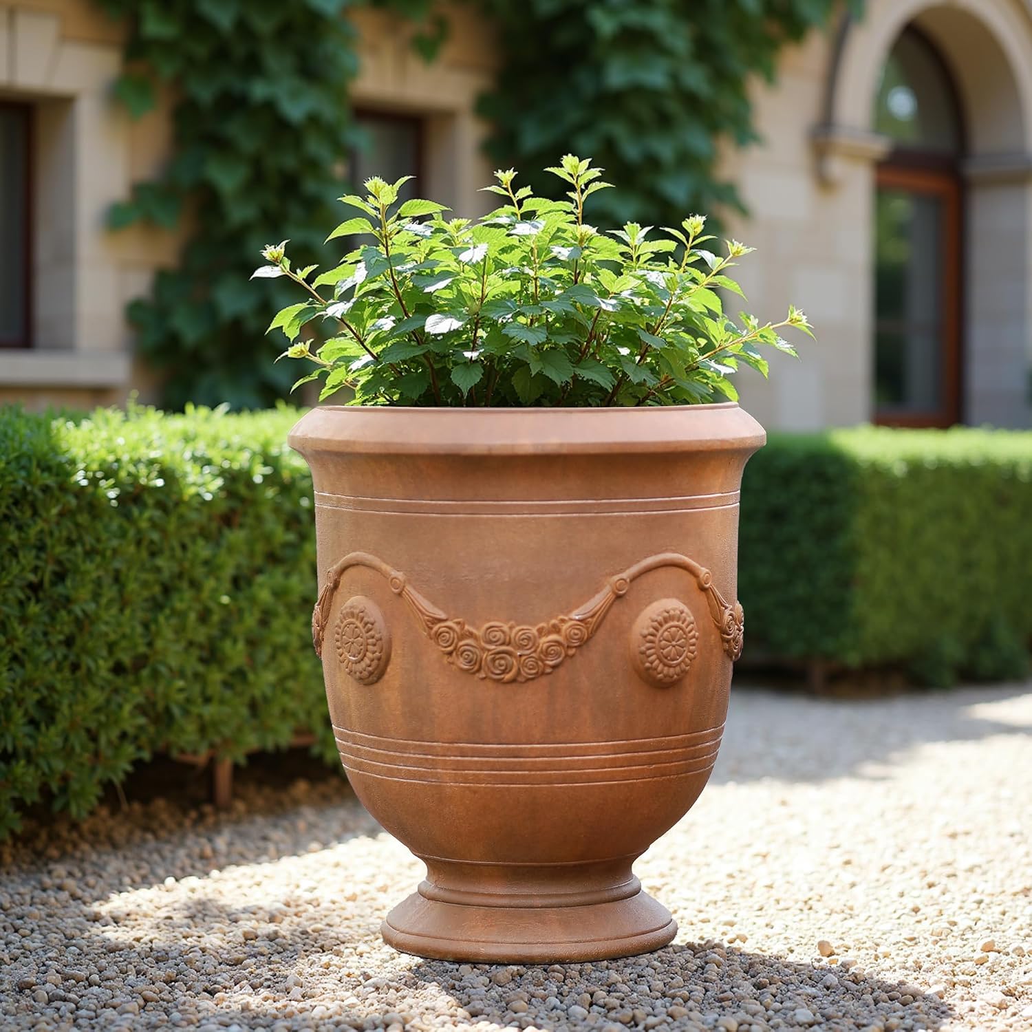 Worth Garden Large Urn Planter - 14" Dia x 16.5" H Lightweight Magnesium Oxide Plant Pot with Cement Texture