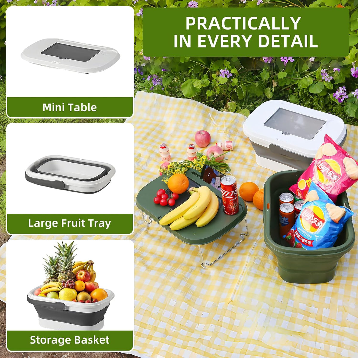 Collapsible Picnic Basket 16L, Folding Basket for Picnic with Lid Table, Waterproof Large Picnic Basket with Handles