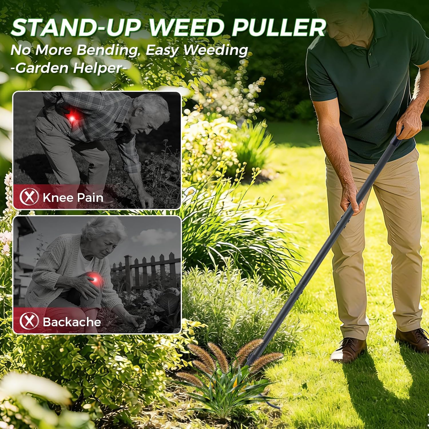 Stand Up Weed Puller Tool, 46" Adjustable All-Metal Long Handle Weeder with 4-Claw Steel Head, Remove Weeds by Roots