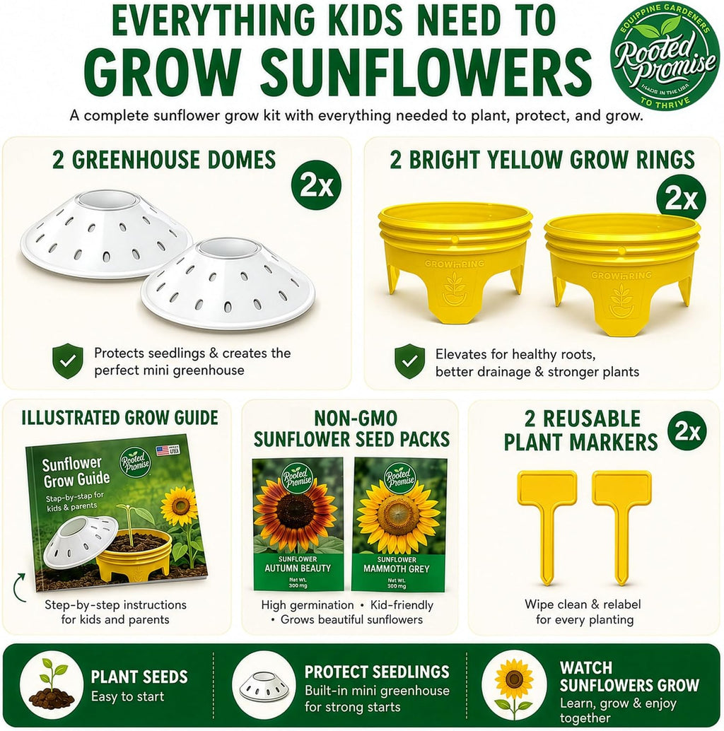 Kids Sunflower Garden Kit – Grow Your Own Sunflowers from Seeds with Greenhouse Germination Domes & Grow Rings, Non-GMO